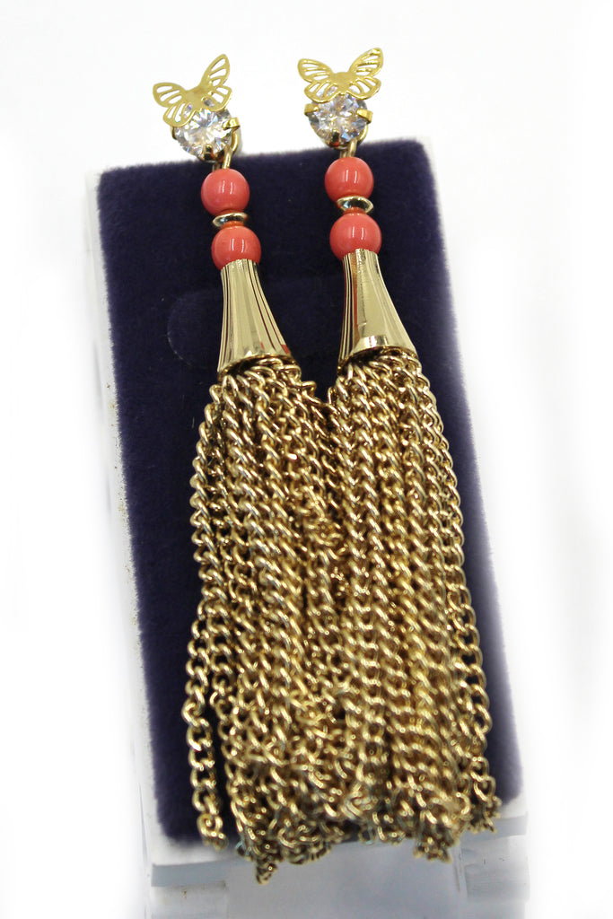 Gold crystal butterfly  tassel earrings
