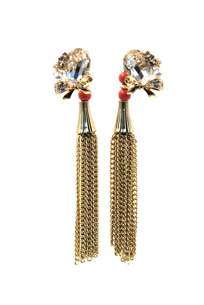 Tassel oval diamond bowknot gold earrings