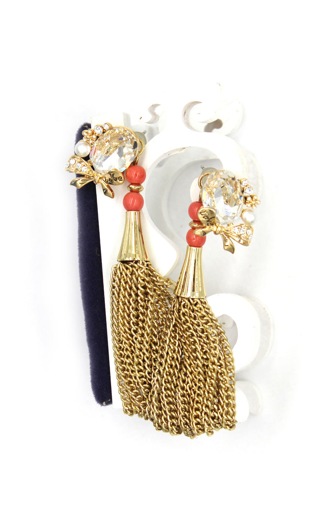 Tassel oval diamond bowknot gold earrings
