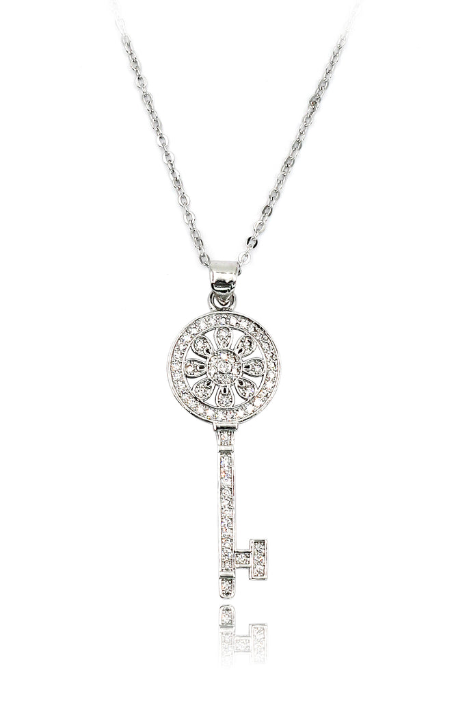 fashion flower crystal silver key necklace