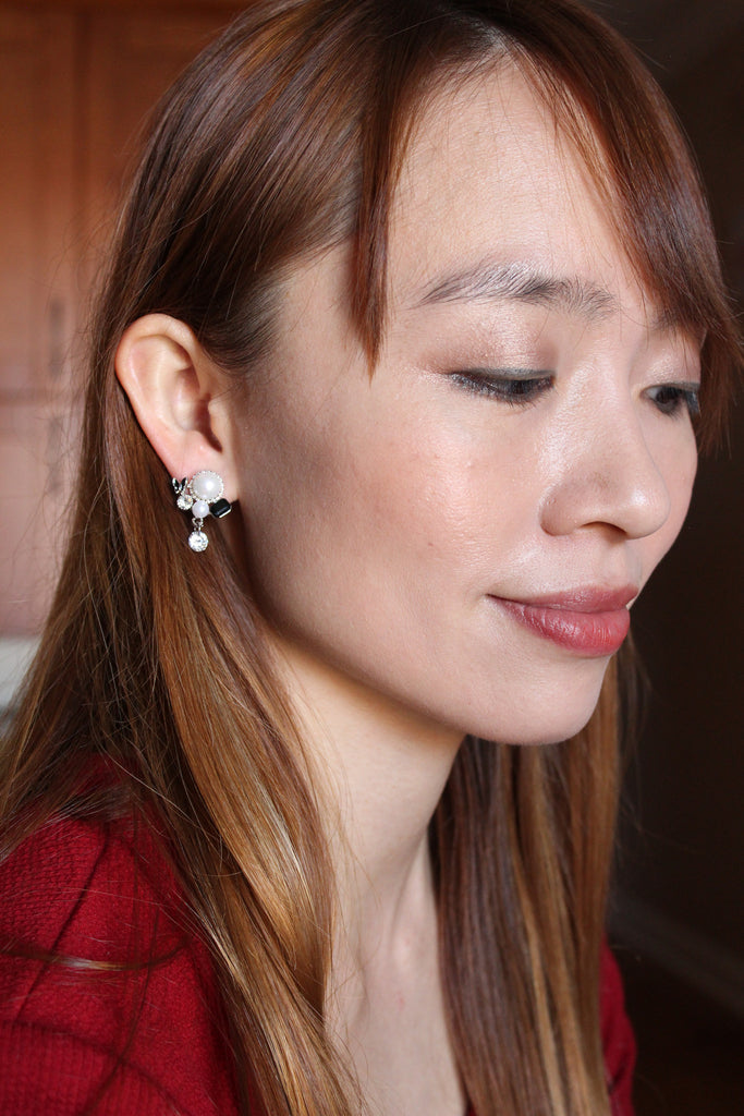 elegant white and black pearl pendant crystal silver earrings