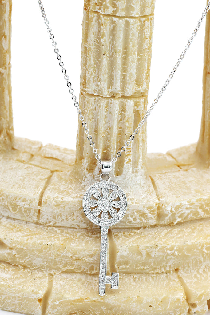 fashion flower crystal silver key necklace