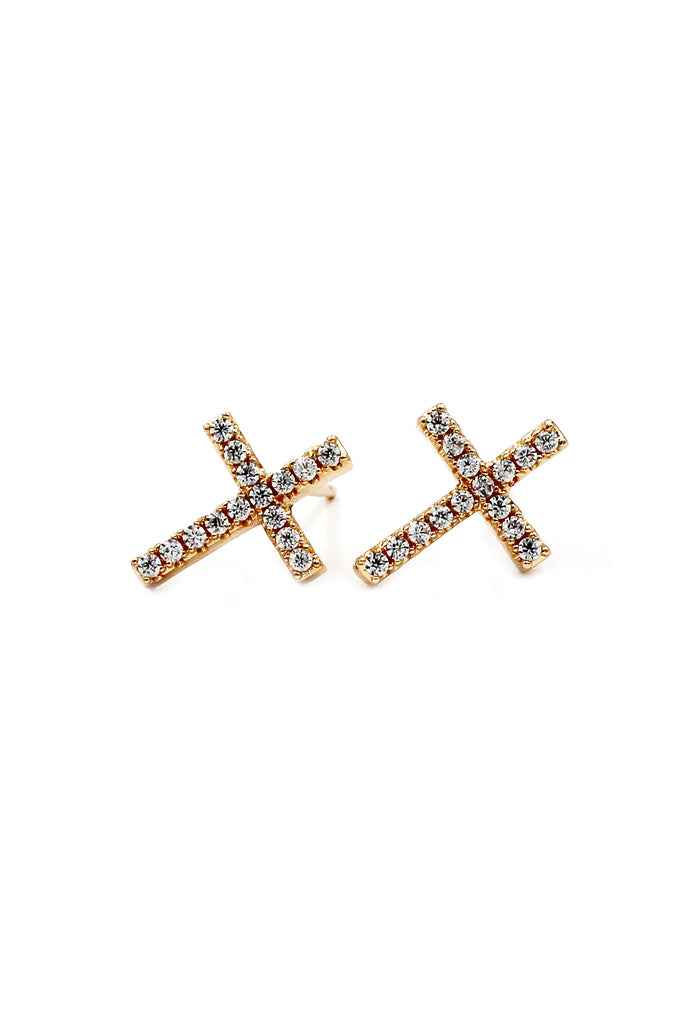 golden mini cross crystal earrings