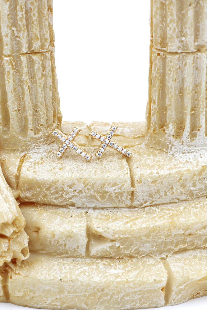 golden mini cross crystal earrings