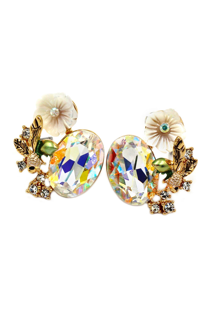 stylish crystal oval and flower earrings