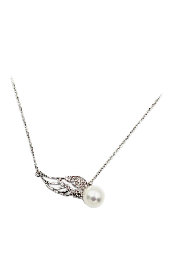 single crystal wing and pearl silver necklace
