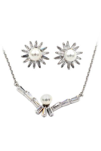 delicate mini crystal pearl necklace earrings silver set