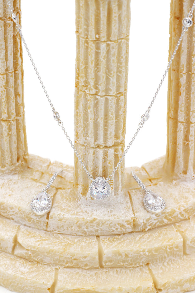 elegant crystal droplets silver necklace earring set