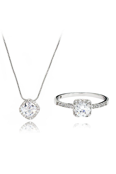 silver square crystal necklace ring set