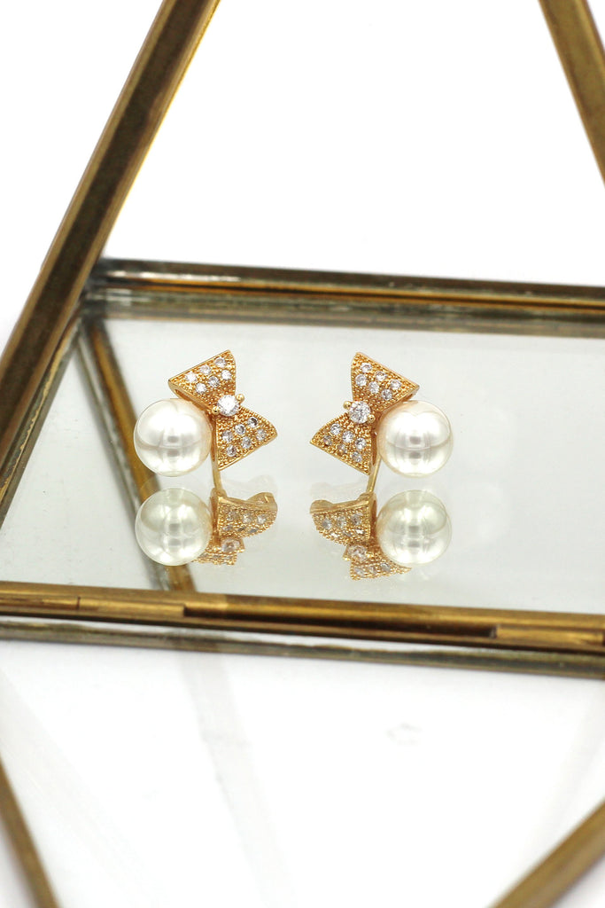Small bow crystal pearl earrings necklace set