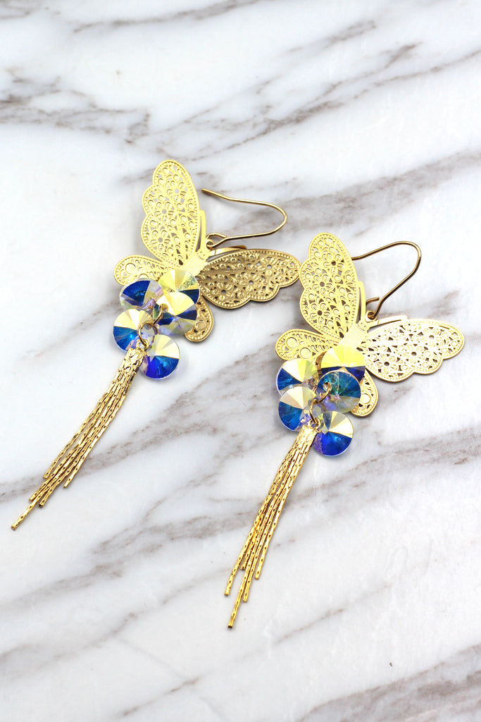 butterfly fringe swarovski crystal earrings