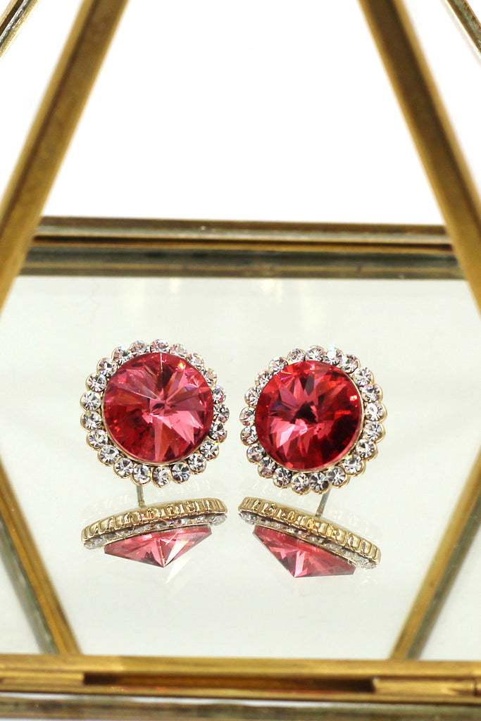 noble crystal red flower golden rim earrings