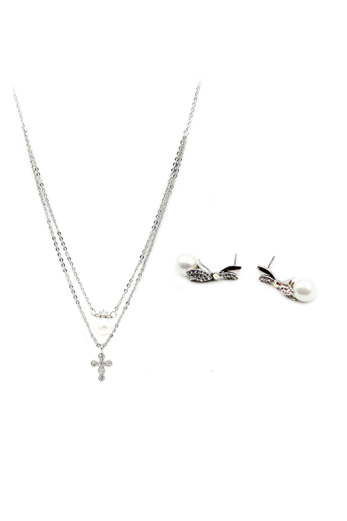 mini crystal cross pendant pearl earring set