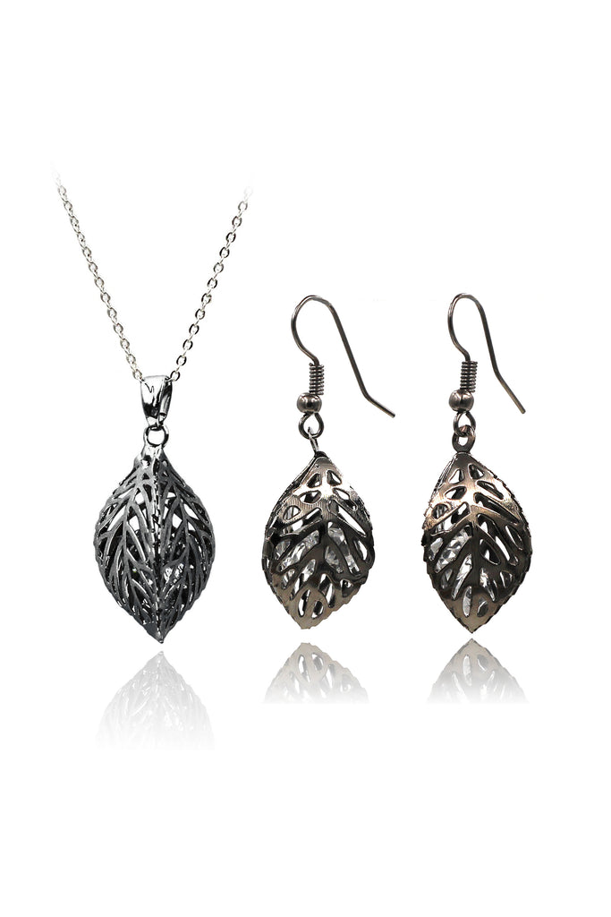 hollow crystal leaf earring necklace set
