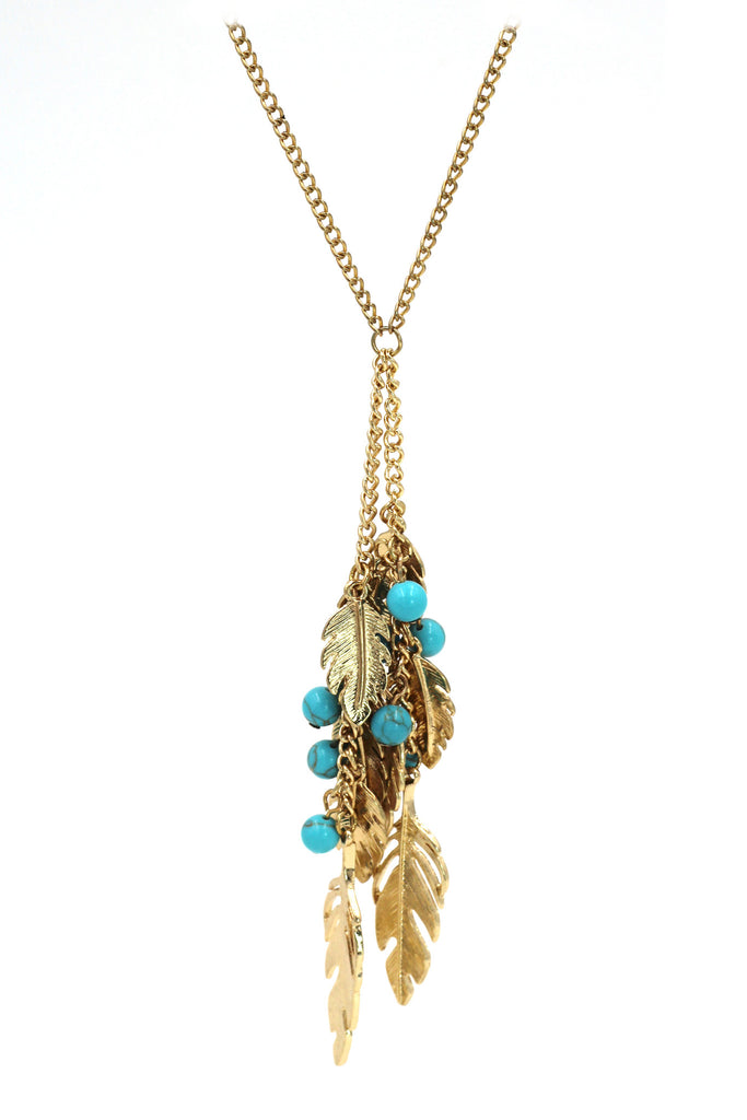 pendant golden leaves and beads sweater necklace