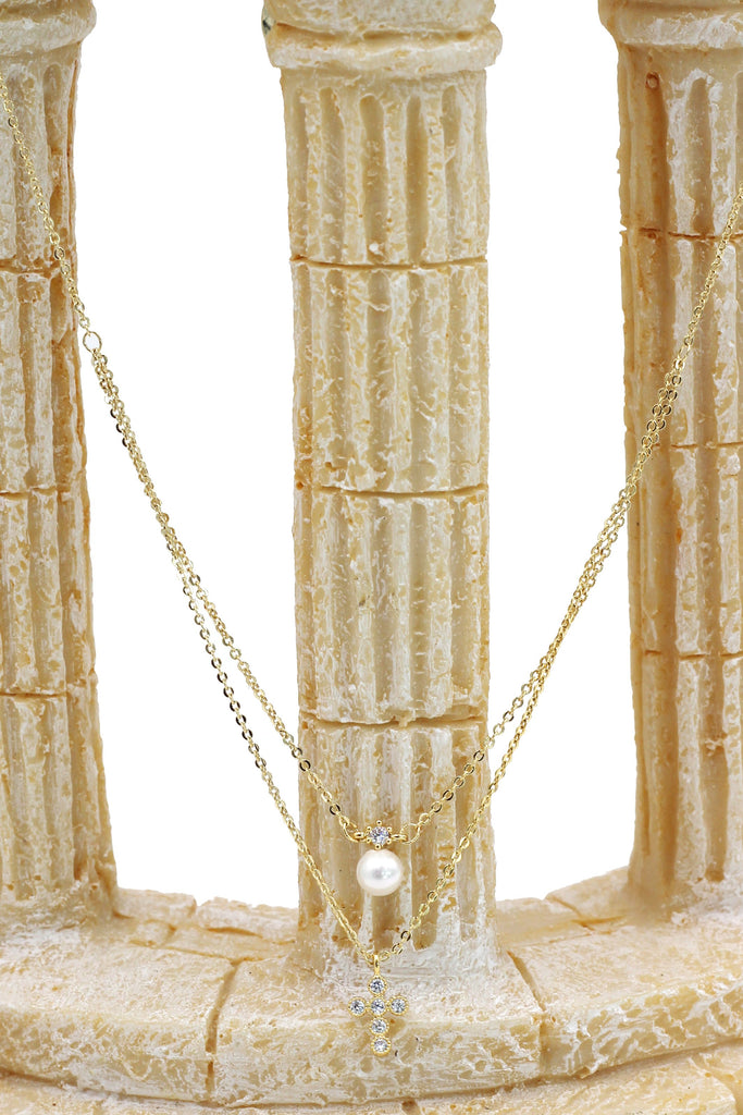 double chain pearl necklace earring set