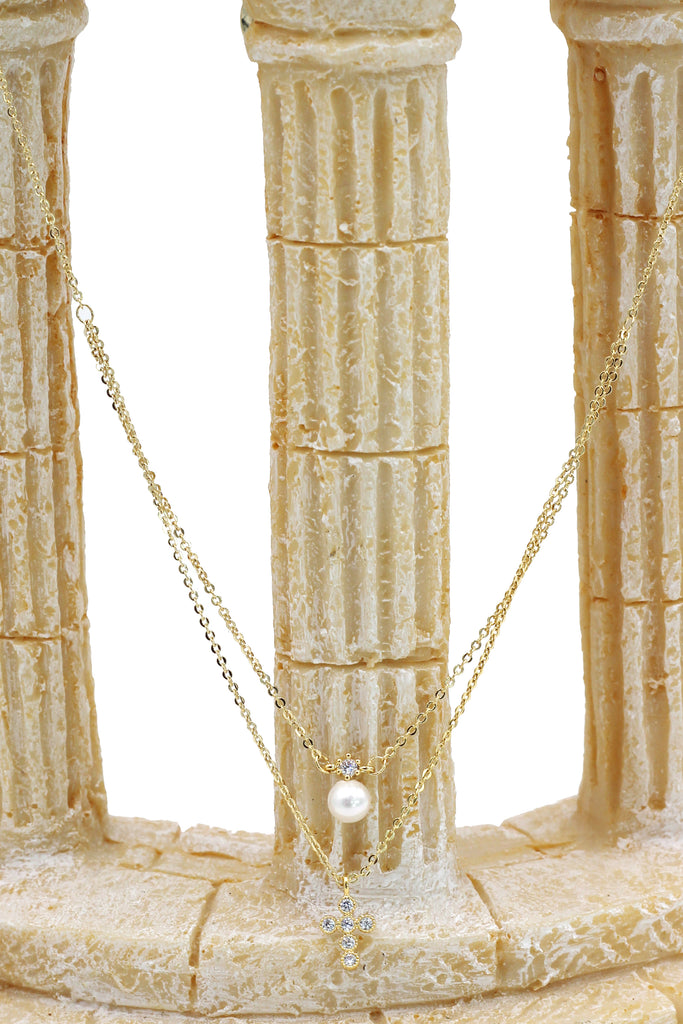 double sided mini cross pearl necklace earrings set