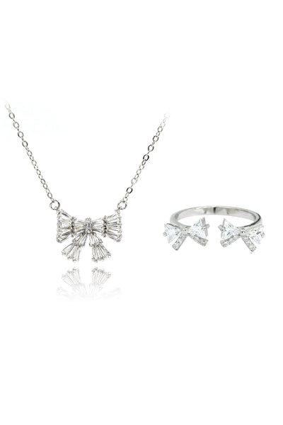 cute bow crystal ring necklace set