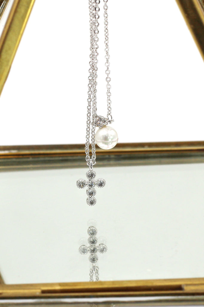 silver cross pearl double chain set