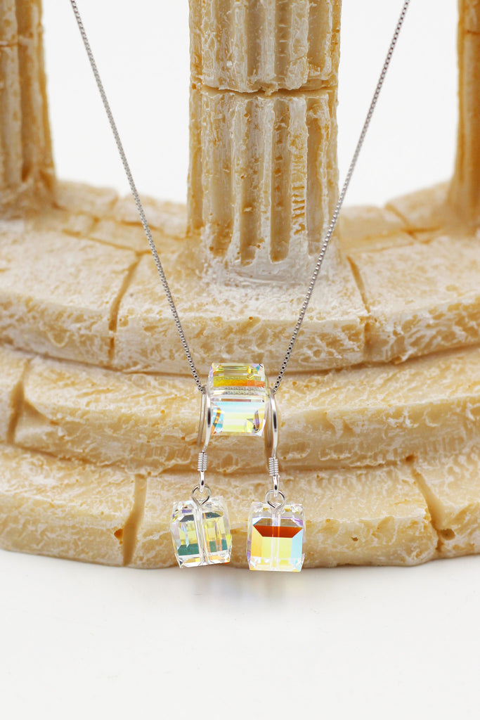 simple square crystal necklace hook earring set