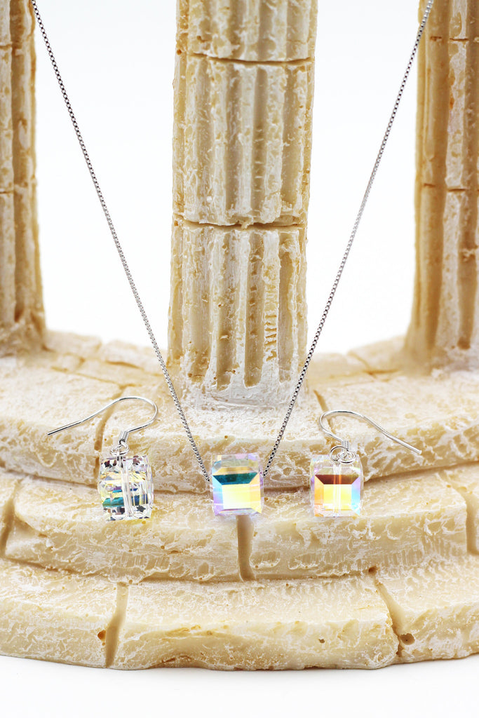 simple square crystal necklace hook earring set